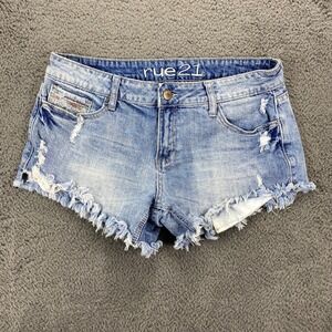 Rue21 Distressed Denim Shorts Womens Size 11/12 Mid Rise Frayed Hem Blue Jeans‎